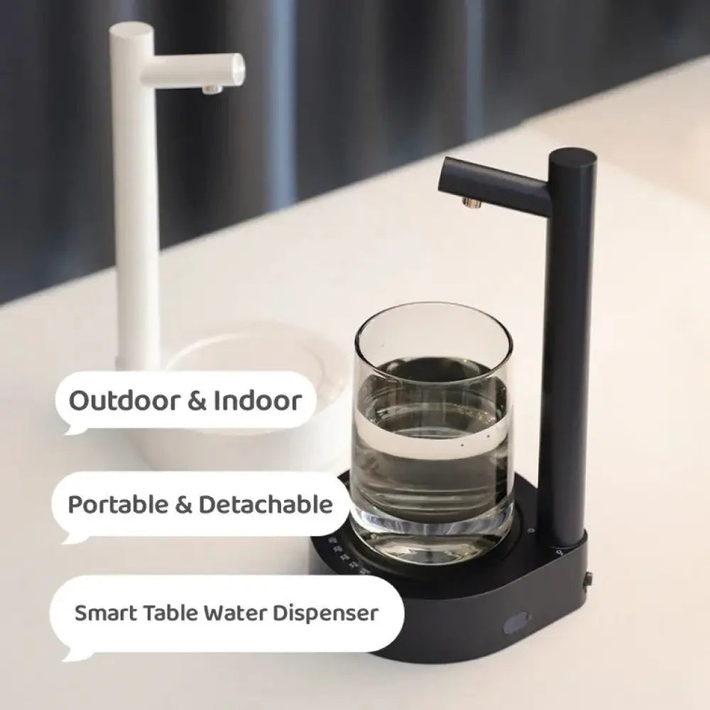 Black rechargeable smart automatic gallon water bottle pump with sleek design and glass cup filled with water