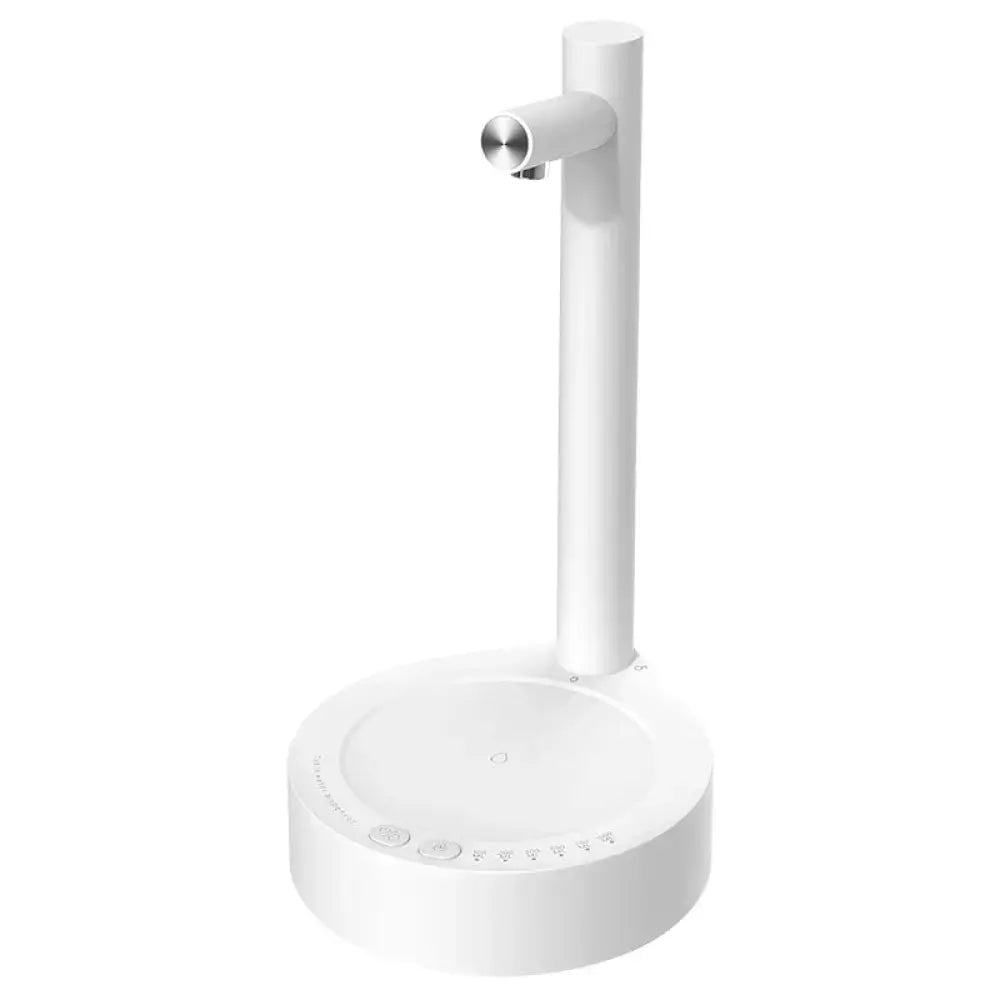 White minimalist desk lamp with sleek cylindrical stand and metallic spout for rechargeable smart water bottle pump