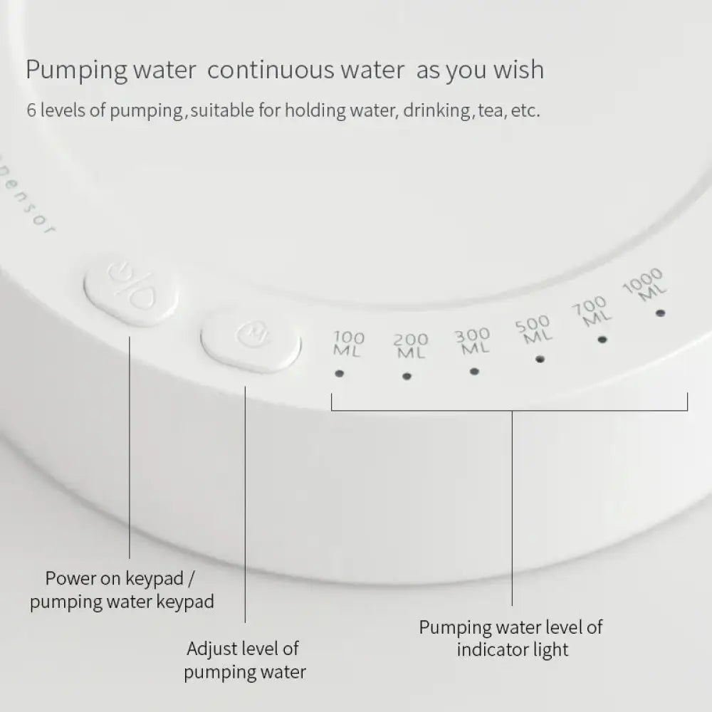 White circular rechargeable smart automatic gallon water bottle pump with tactile buttons and led pumping level indicators