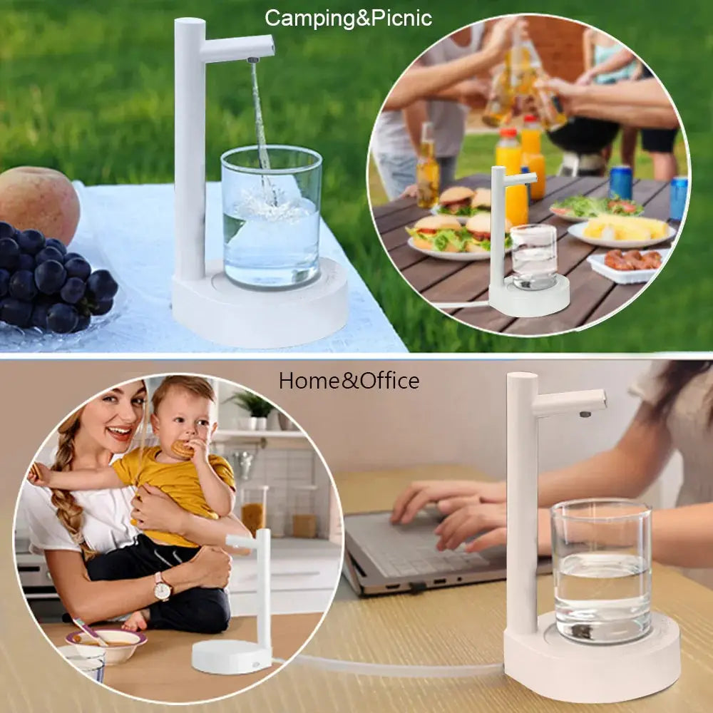 White plastic rechargeable smart automatic gallon water bottle pump with a sleek modern design and curved spout