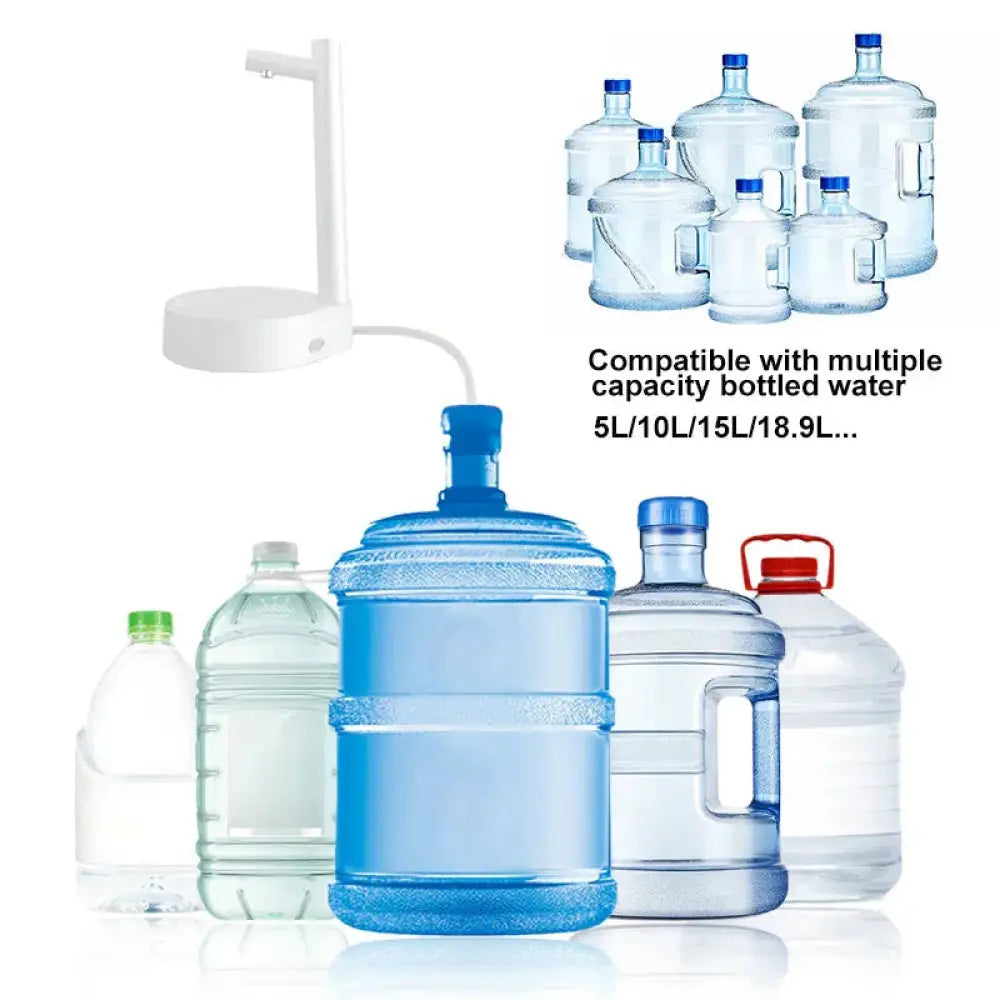 White plastic rechargeable smart automatic gallon water bottle pump with curved spout and base for large containers