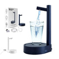 Dark blue rechargeable smart automatic gallon water bottle pump made of sleek material with glass cup below spout