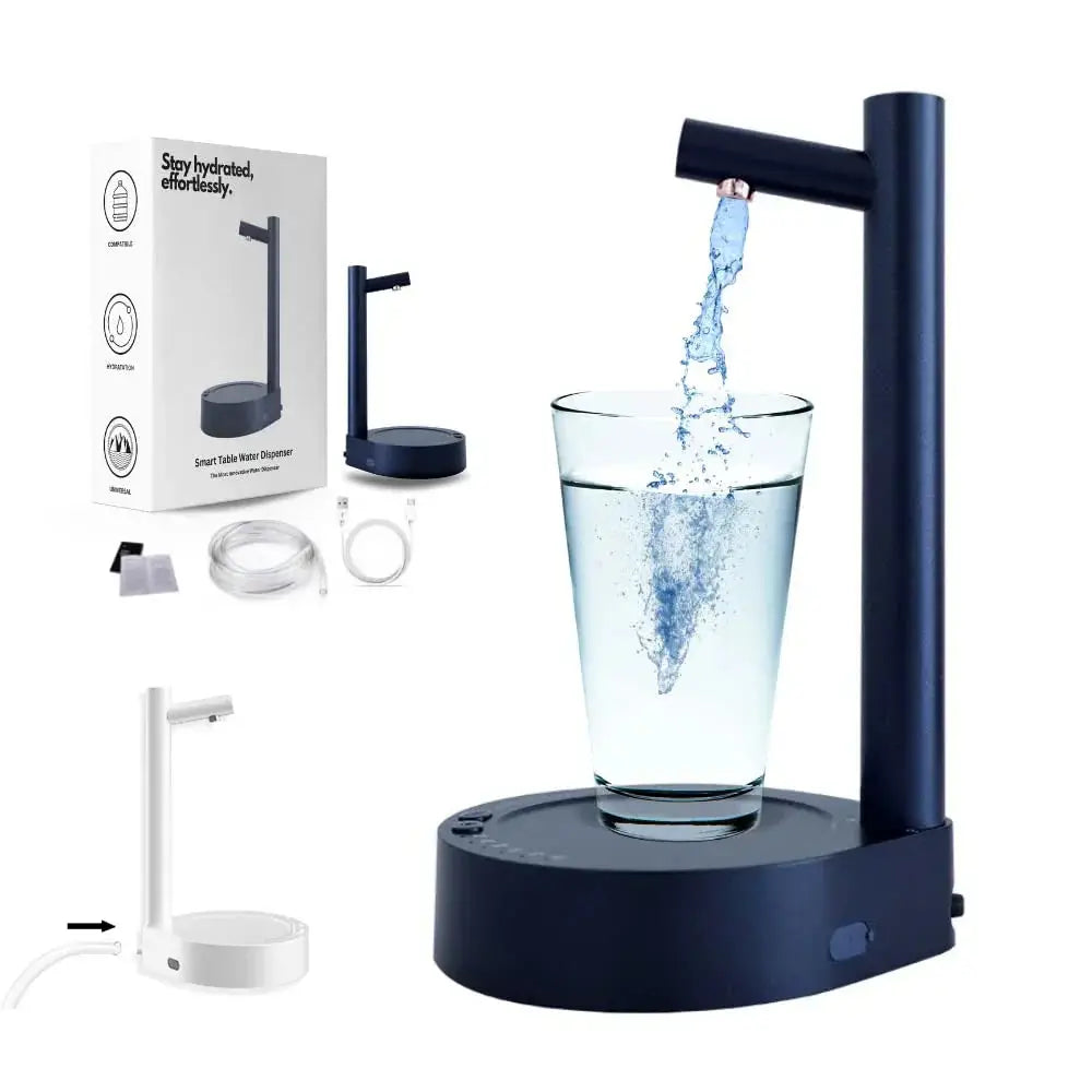Dark blue rechargeable smart automatic gallon water bottle pump made of sleek material with glass cup below spout