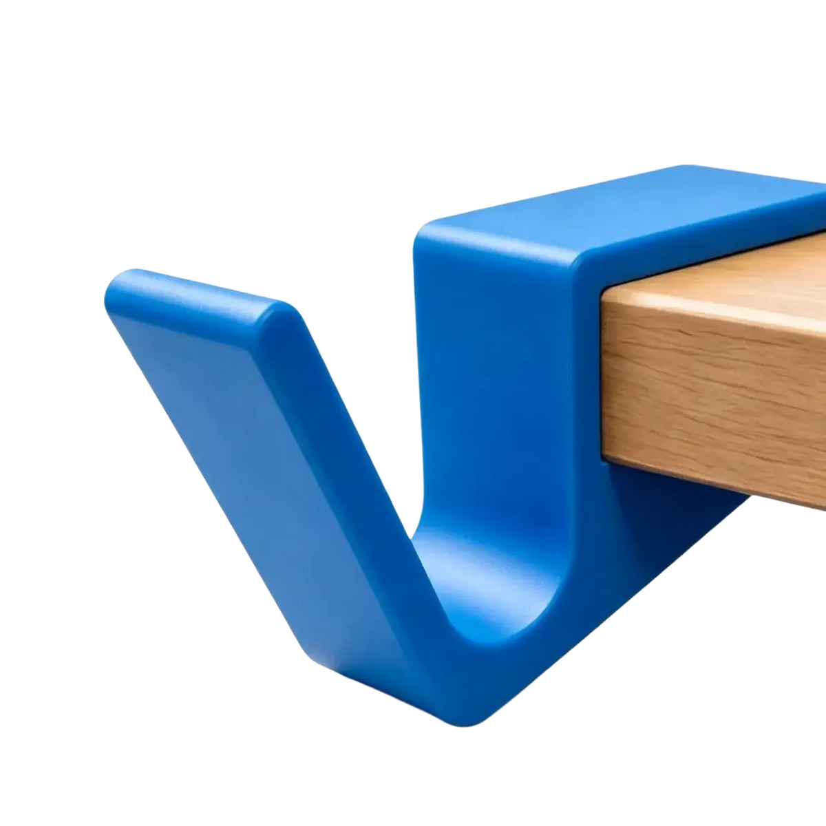 Blue plastic desk edge bag hook with sleek design securely holding wooden furniture for backpack storage