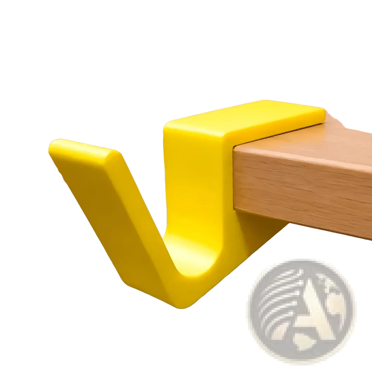 Bright yellow plastic desk edge bag hook with v-shaped design for securely holding backpacks