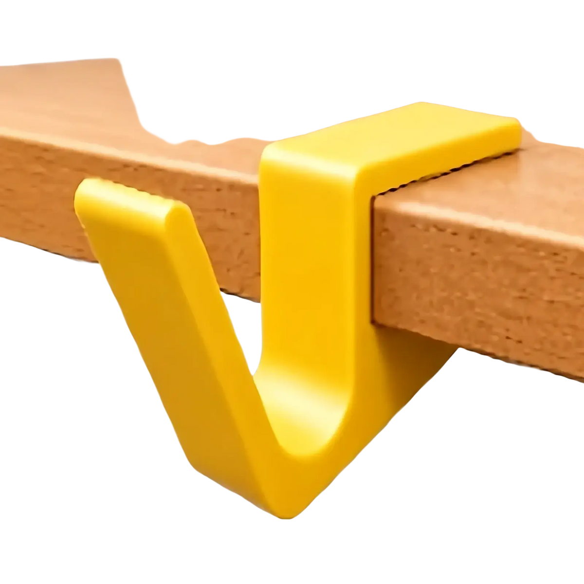 Bright yellow plastic desk edge bag hook with v-shaped design for holding backpacks securely on desk edges
