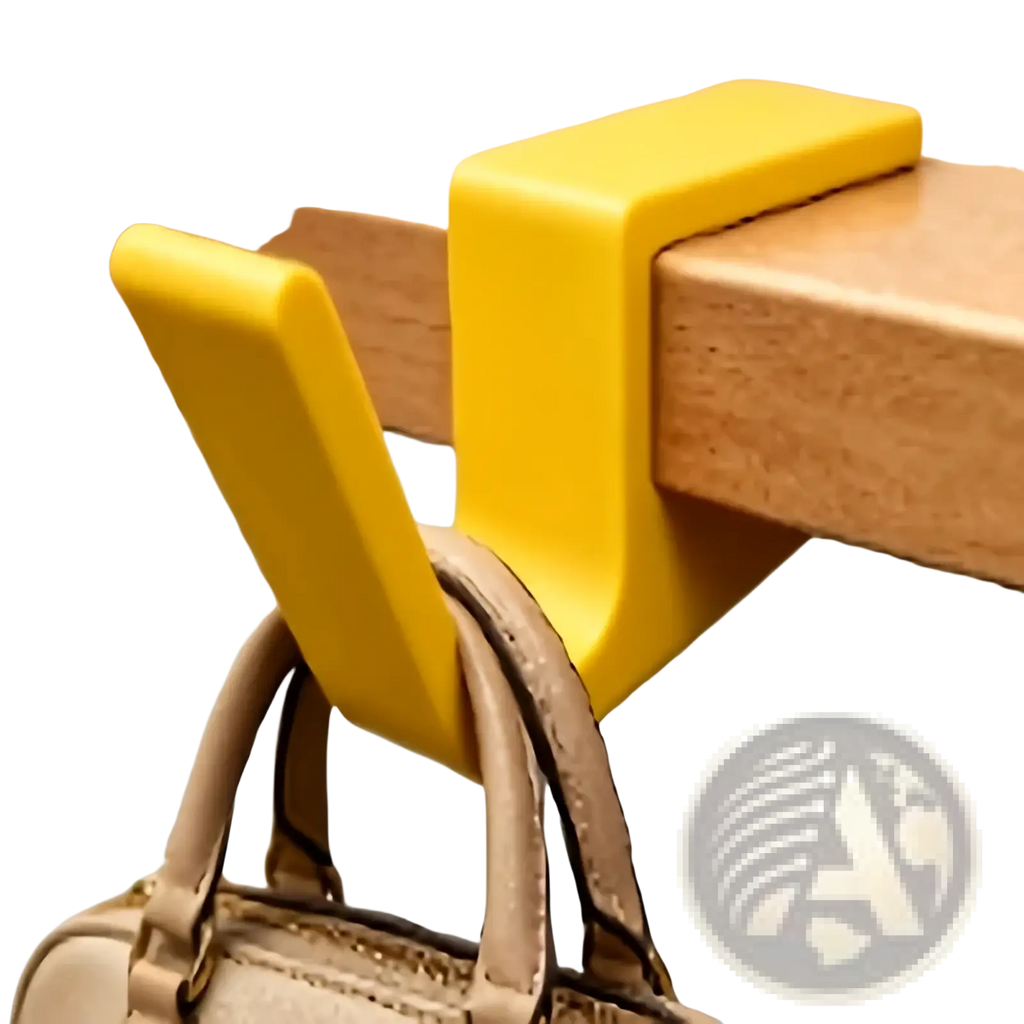 Bright yellow plastic desk edge bag hook holding a beige handbag for backpack and bag storage