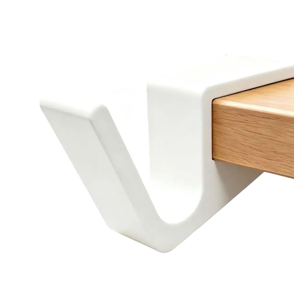 White plastic desk edge bag hook with smooth minimalist design for holding backpacks and bags