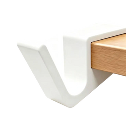 White plastic desk edge bag hook with smooth minimalist design for holding backpacks and bags