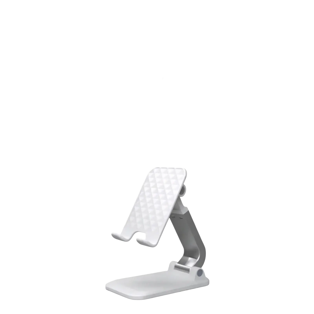 Adjustable desktop phone and tablet stand holder in white and gray with a textured grip surface and adjustable angles