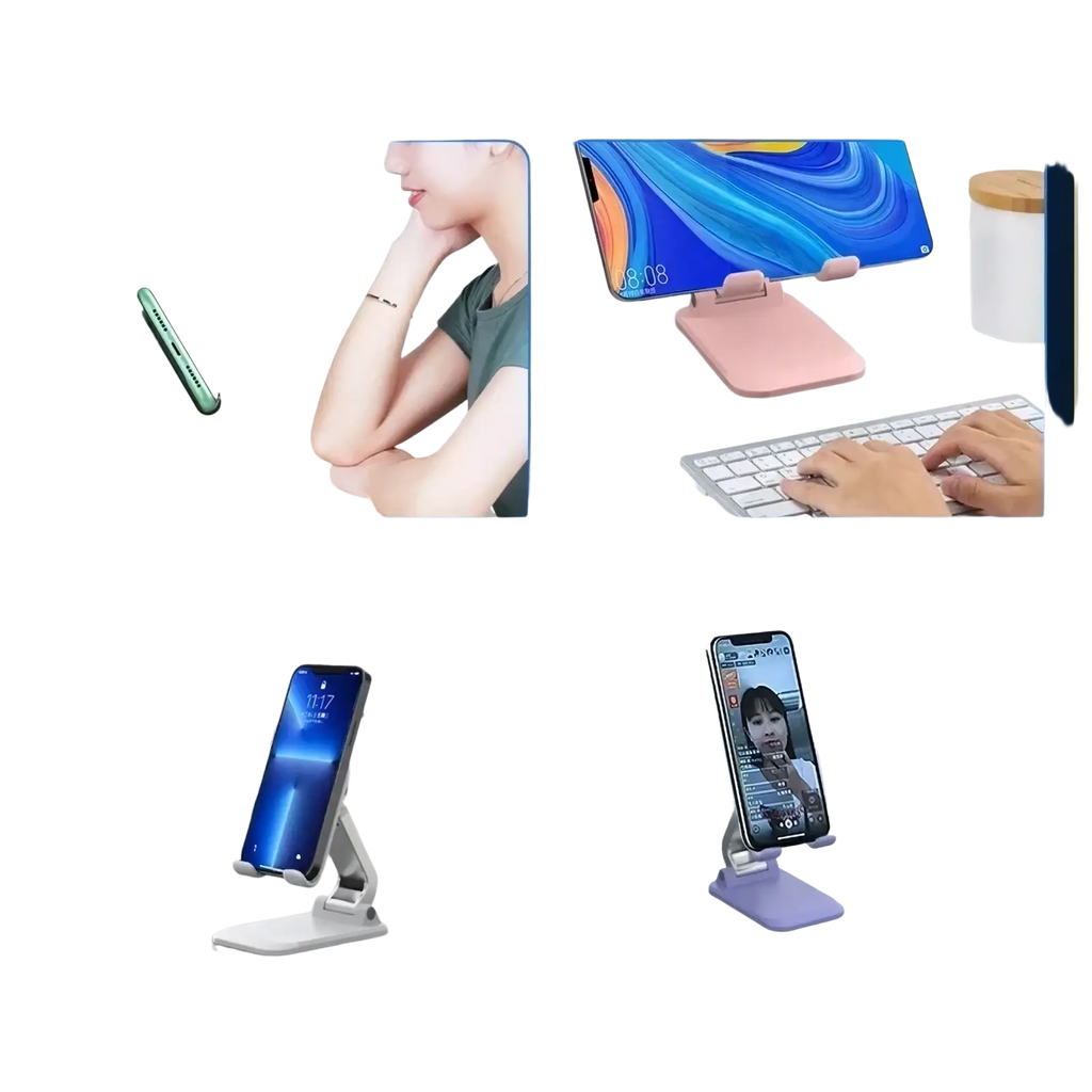 Adjustable desktop phone and tablet stand holder with sleek minimalist design and flexible arms for versatile use