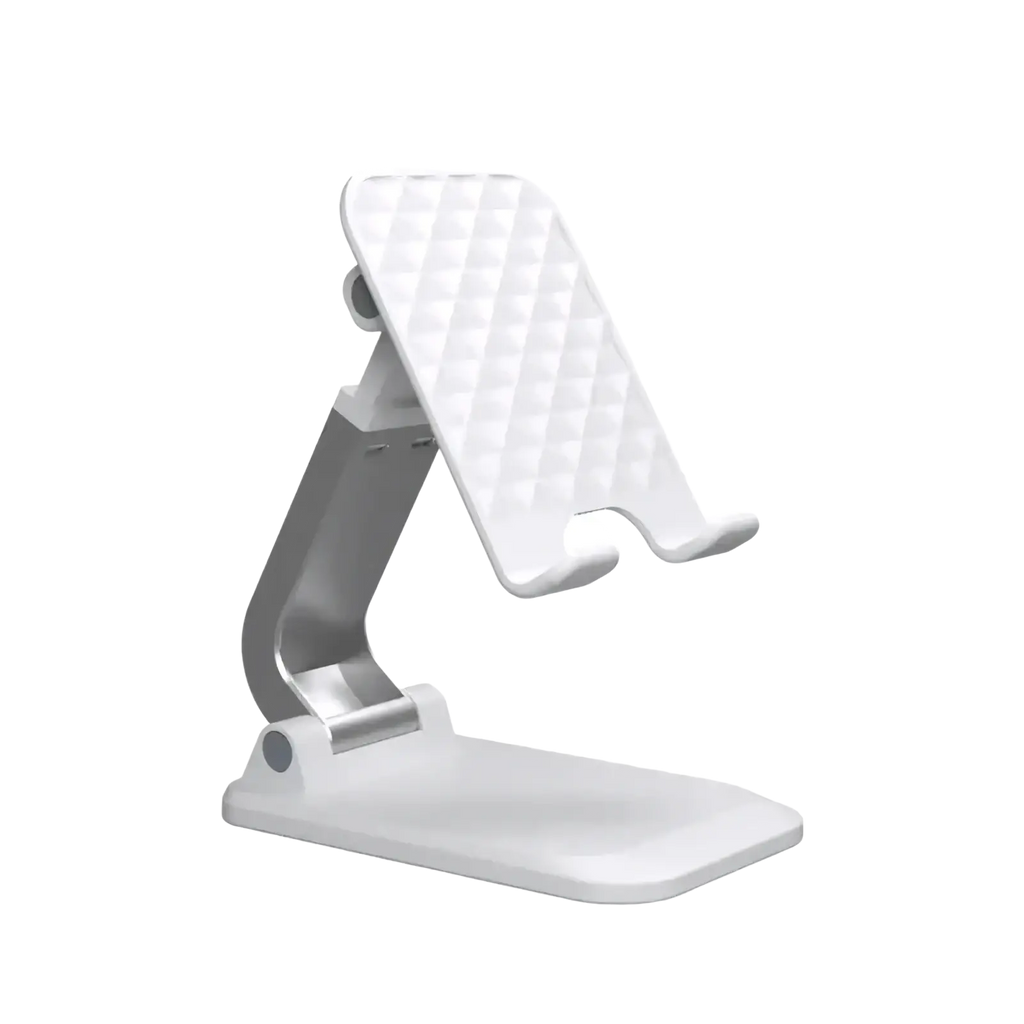 Adjustable desktop phone and tablet stand holder in white and silver with a textured diamond-patterned foldable design