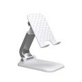 Adjustable desktop phone and tablet stand holder in white and silver with a textured diamond-patterned foldable design