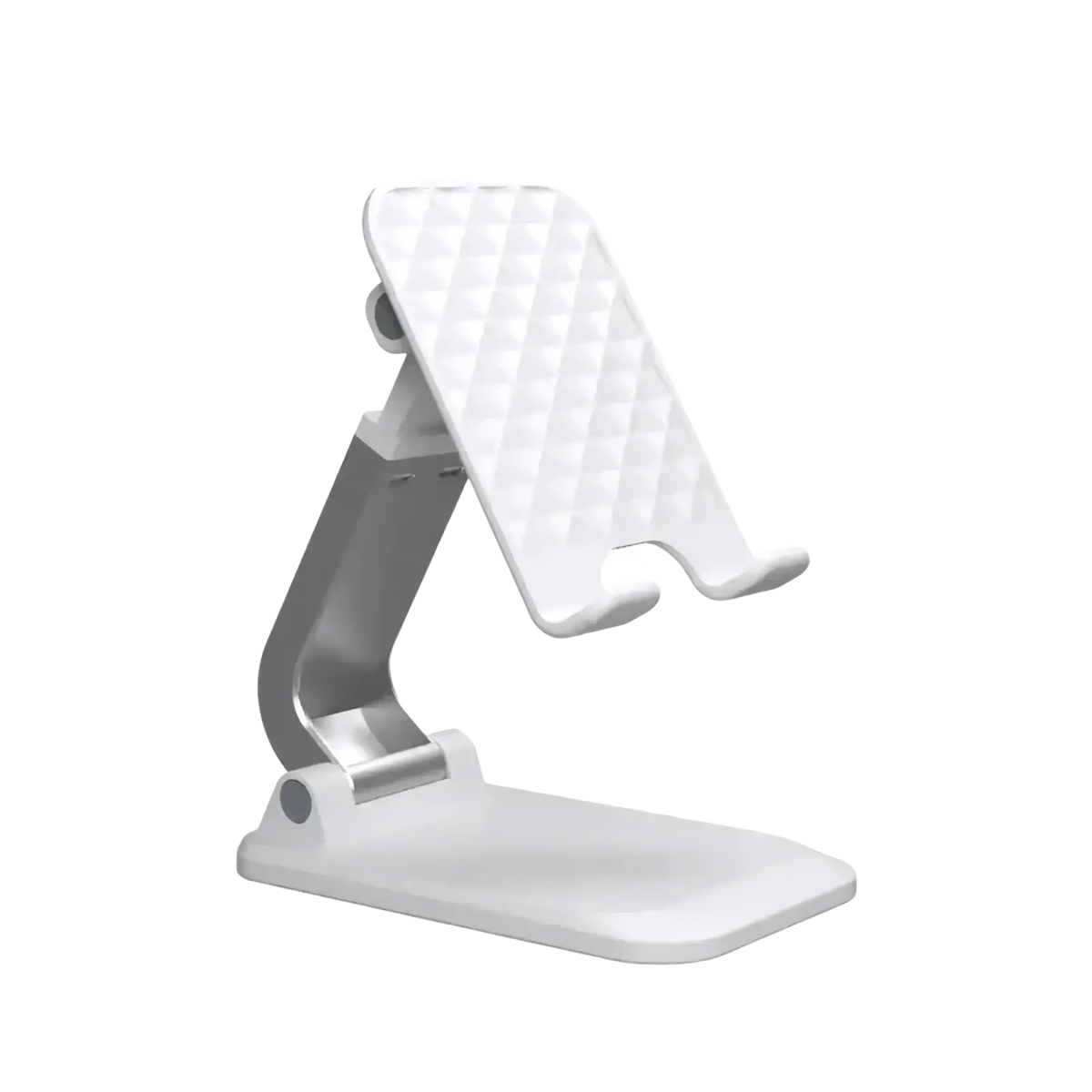 Adjustable desktop phone and tablet stand holder in white and silver with a textured diamond-patterned foldable design