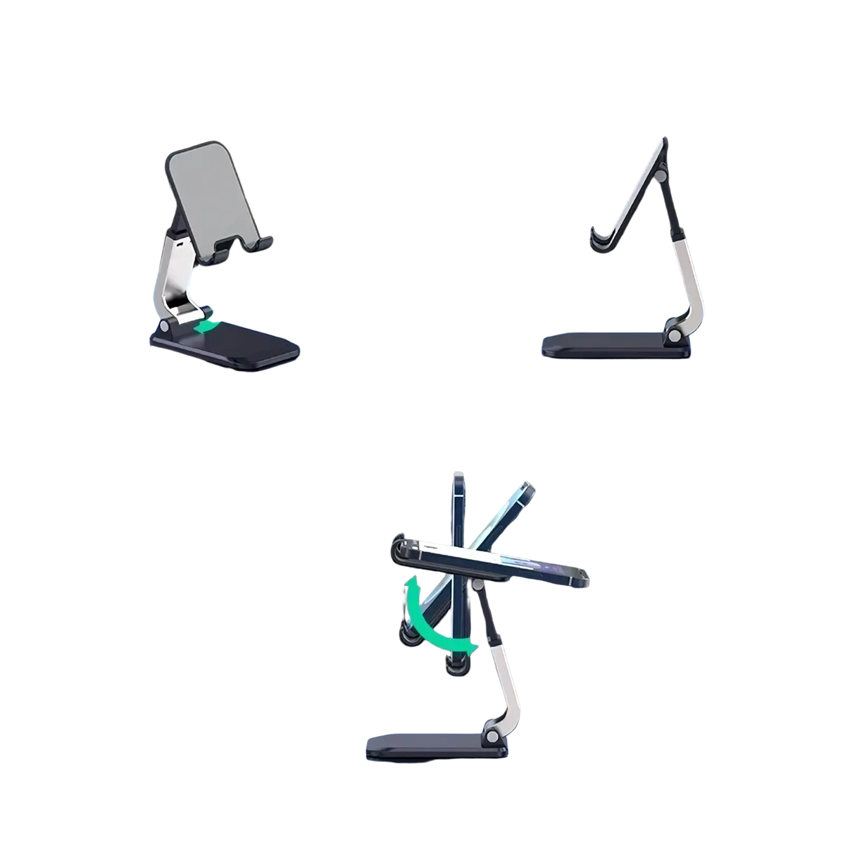 Adjustable desktop phone and tablet stand holder in silver metal with foldable and retractable design