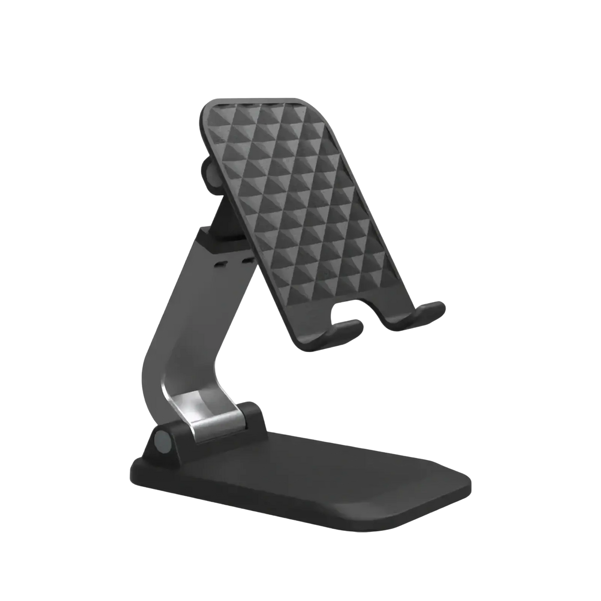 Adjustable desktop phone and tablet stand holder in black and silver with textured diamond-patterned grip surface