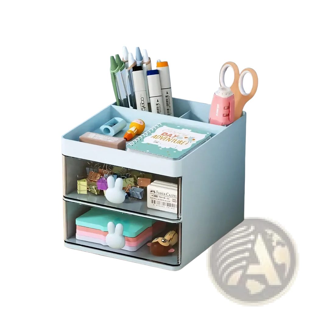 Light blue two-tier desk organizer with transparent drawers and bunny handles holding pens scissors and stationery