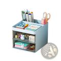 Light blue two-tier desk organizer with transparent drawers and bunny handles holding pens scissors and stationery
