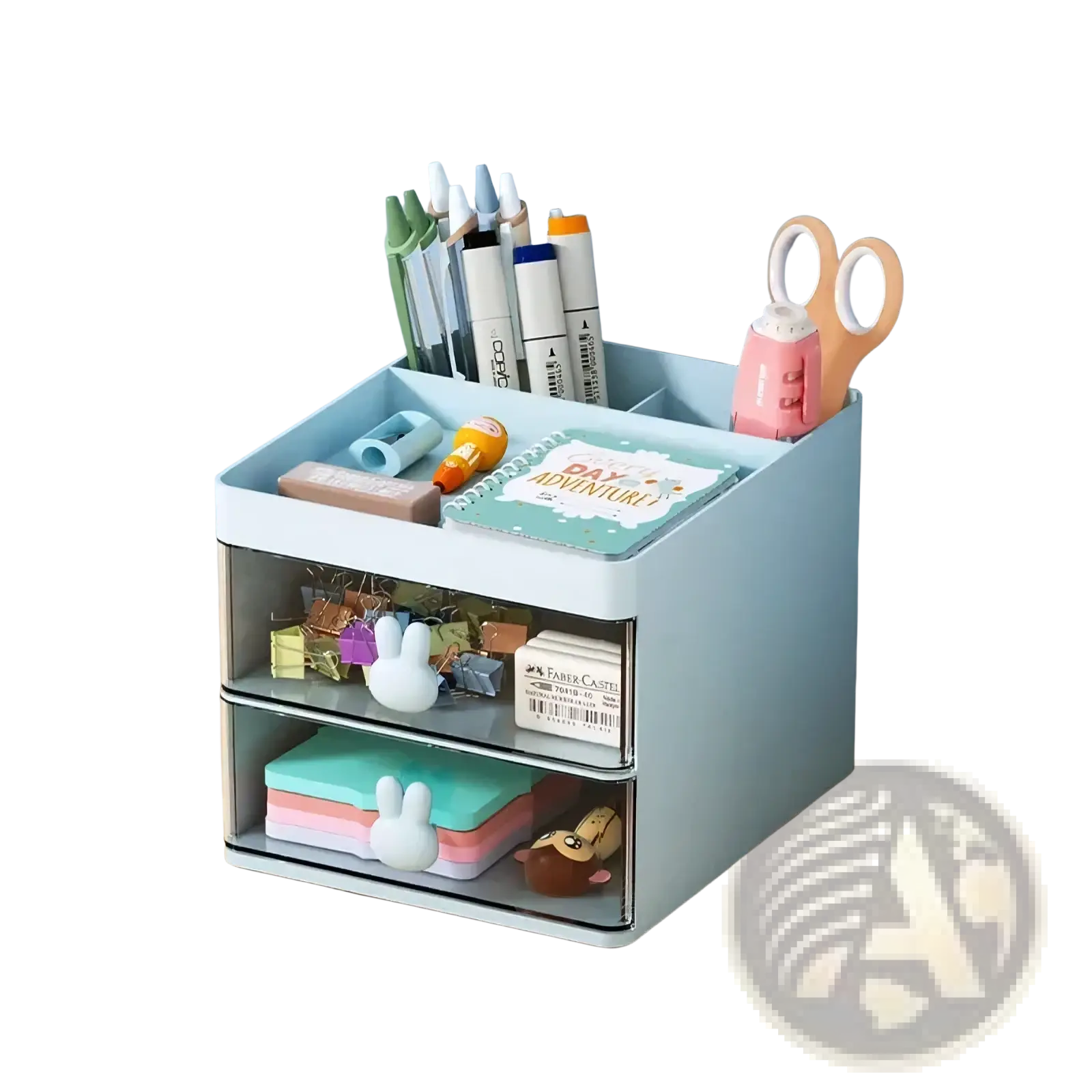 Light blue two-tier desk organizer with transparent drawers and bunny handles holding pens scissors and stationery