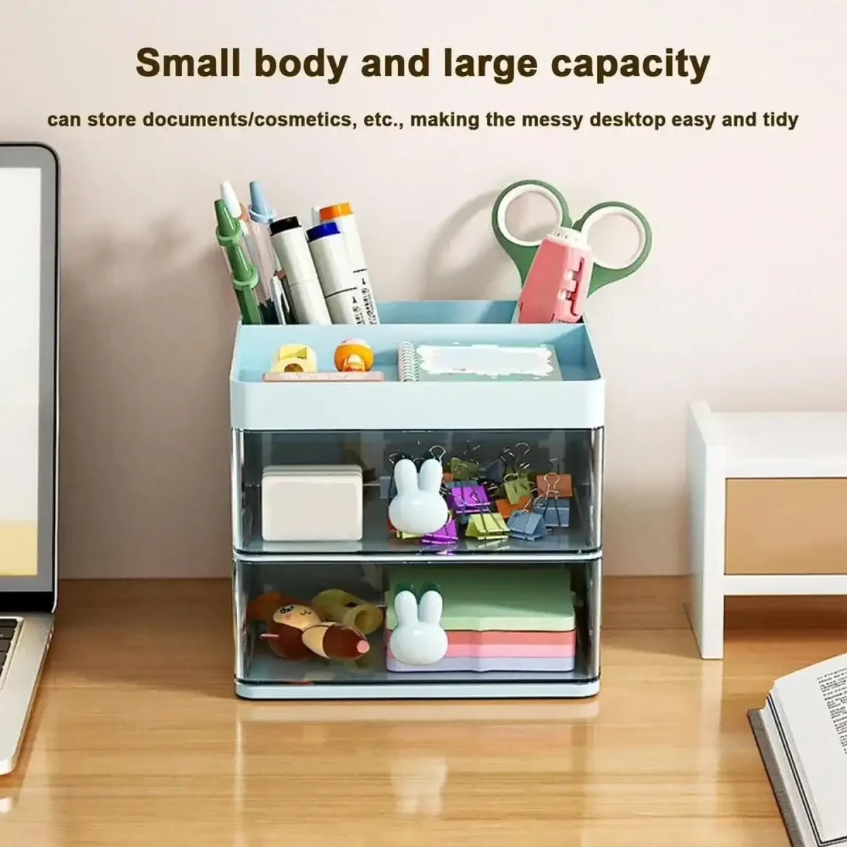 Light blue plastic desk organizer with three transparent drawers and bunny handles holding pens and office supplies