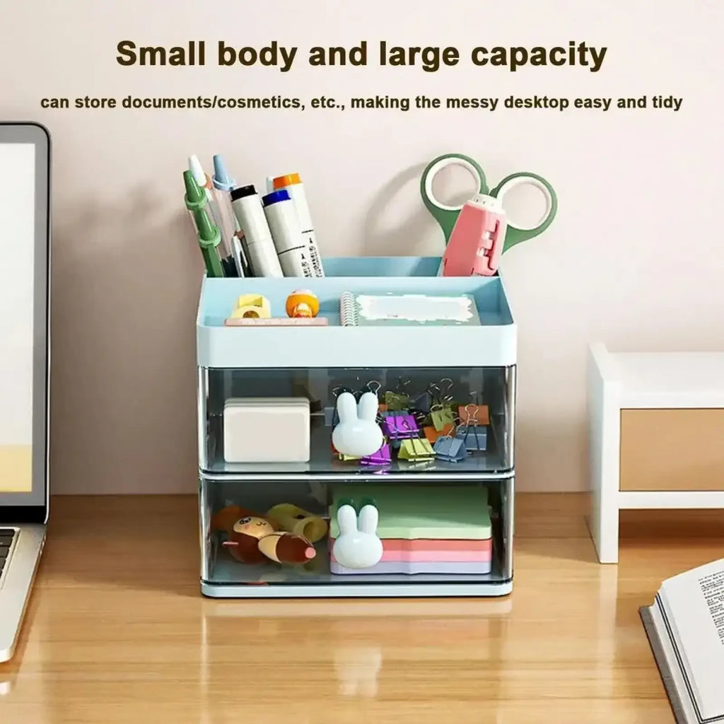 Light blue plastic desk organizer with three transparent drawers and top compartment for pens and scissors with bunny handles