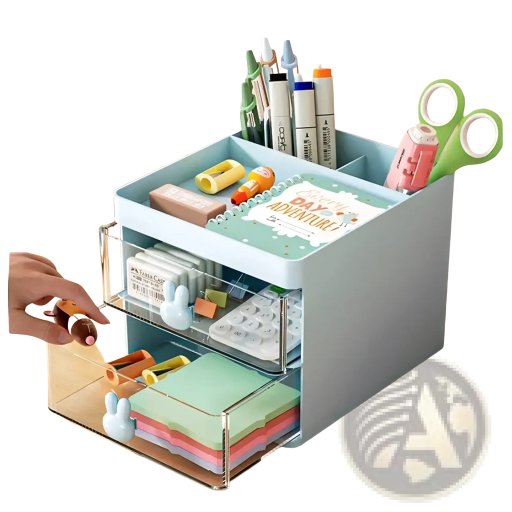 Light blue plastic desk organizer with clear acrylic drawers and bunny-shaped handles for office or home use