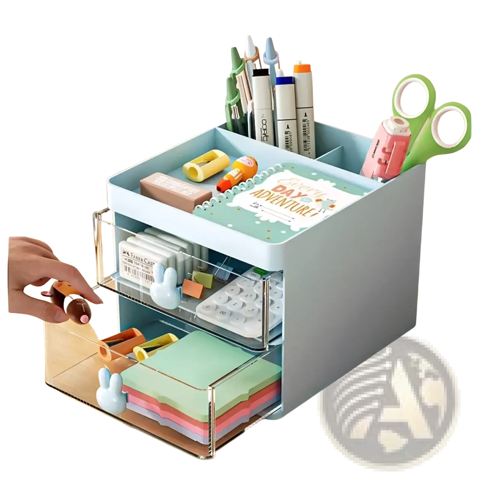 Light blue plastic desk organizer with clear acrylic drawers and bunny-shaped handles for office or home use