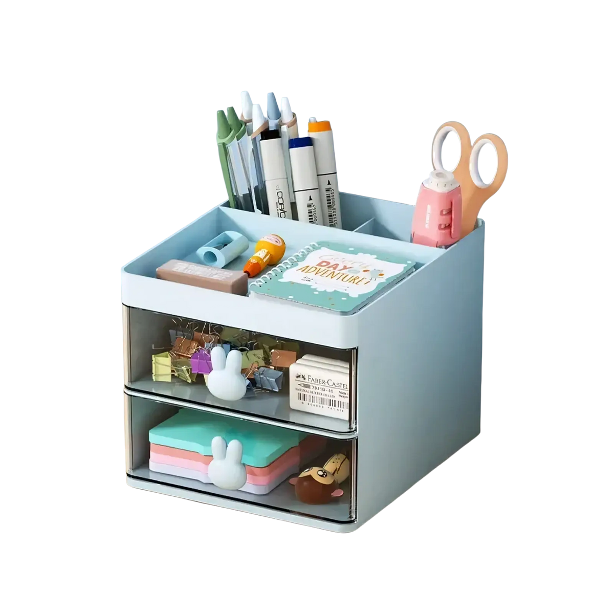 Light blue two-tier desk organizer with transparent drawers and bunny handles holding pens scissors and stationery