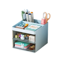 Light blue two-tier desk organizer with transparent drawers and bunny handles holding pens scissors and stationery