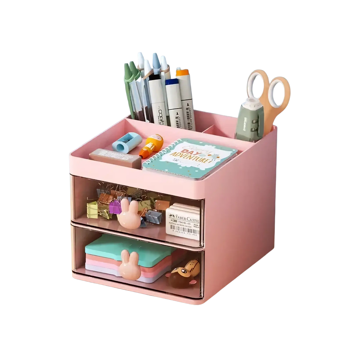 Pink two-tier desk organizer with clear drawers and bunny handles holding pens scissors and stationery