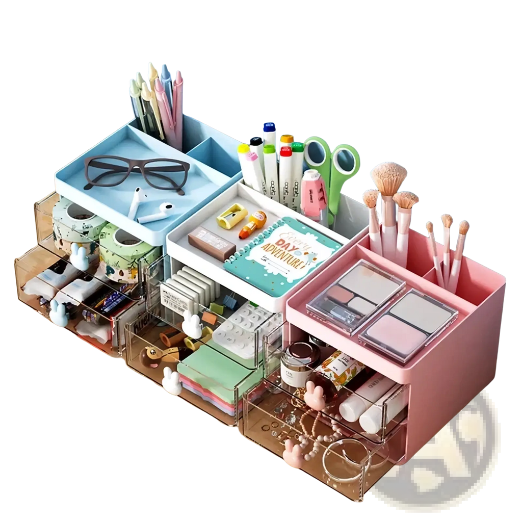 Pink and white plastic desk organizer with transparent drawers and bunny-shaped handles for office or home use