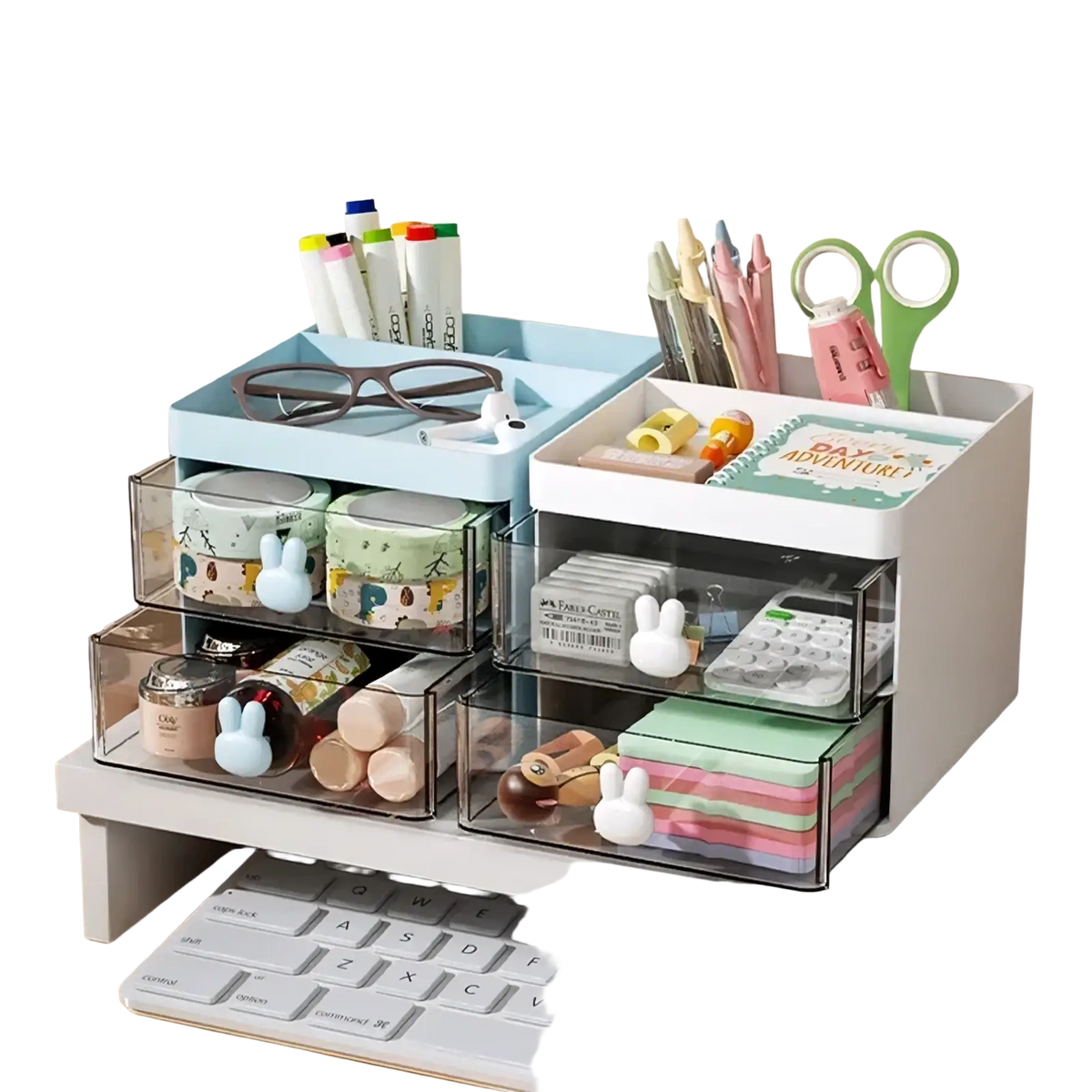 White and light blue two-tier desk organizer with clear acrylic drawers and bunny-shaped handles for office use
