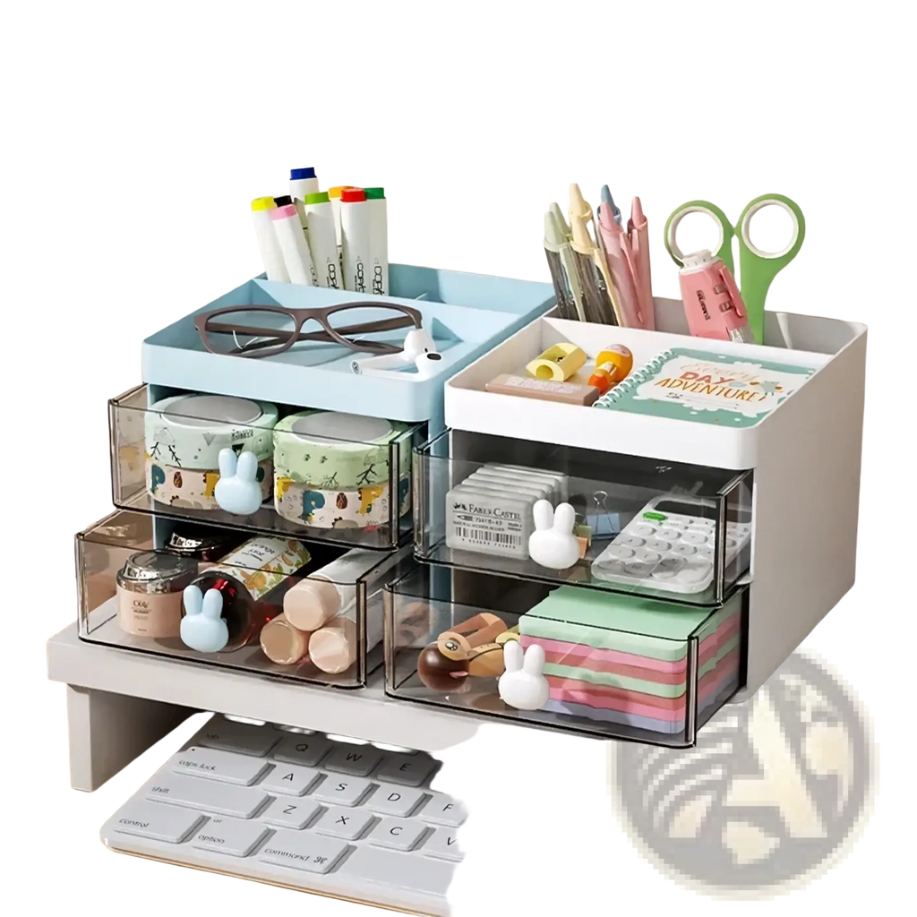 White and light blue two-tier desk organizer with clear acrylic drawers and bunny-shaped handles for office use
