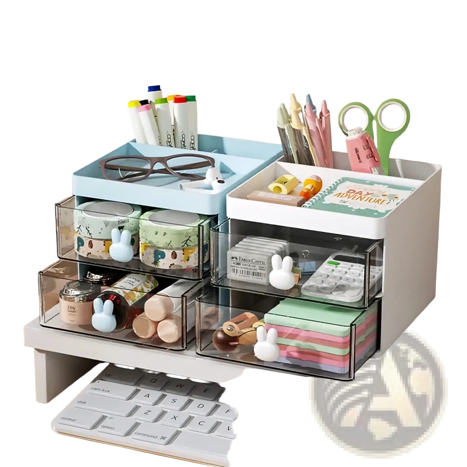 White and light blue two-tier desk organizer with clear acrylic drawers and bunny-shaped handles for office use