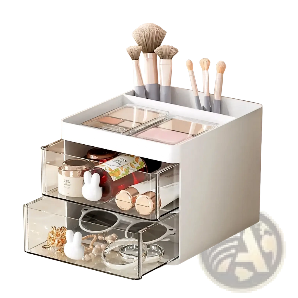 White plastic desk organizer with clear acrylic drawers and bunny handles holding brushes and palettes on top