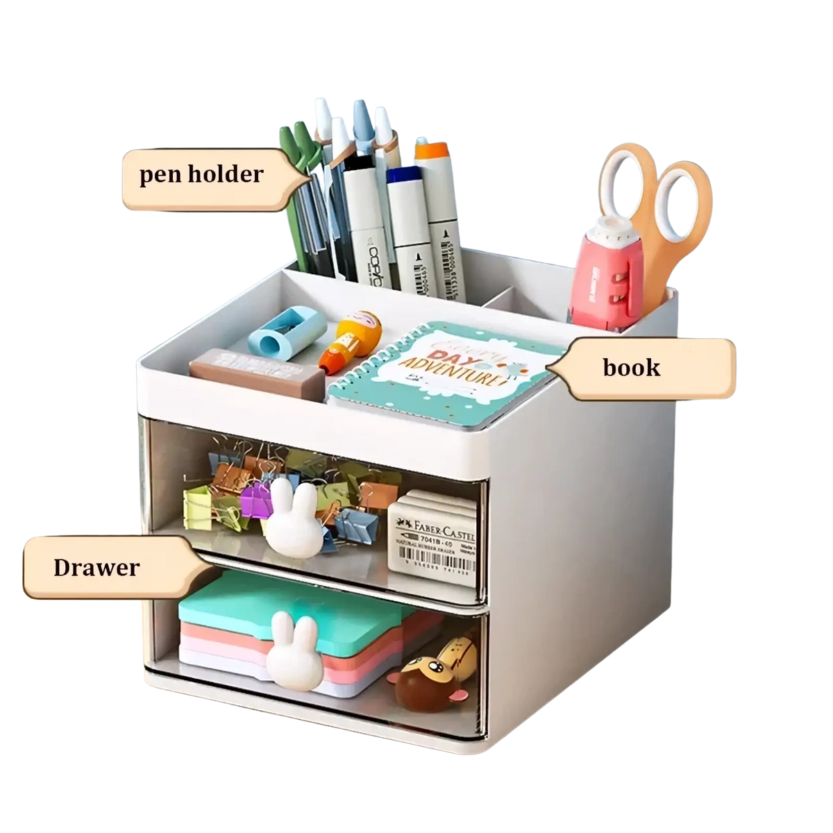 White two-tier desk organizer with clear drawers and bunny handles for pens scissors books and stationery items