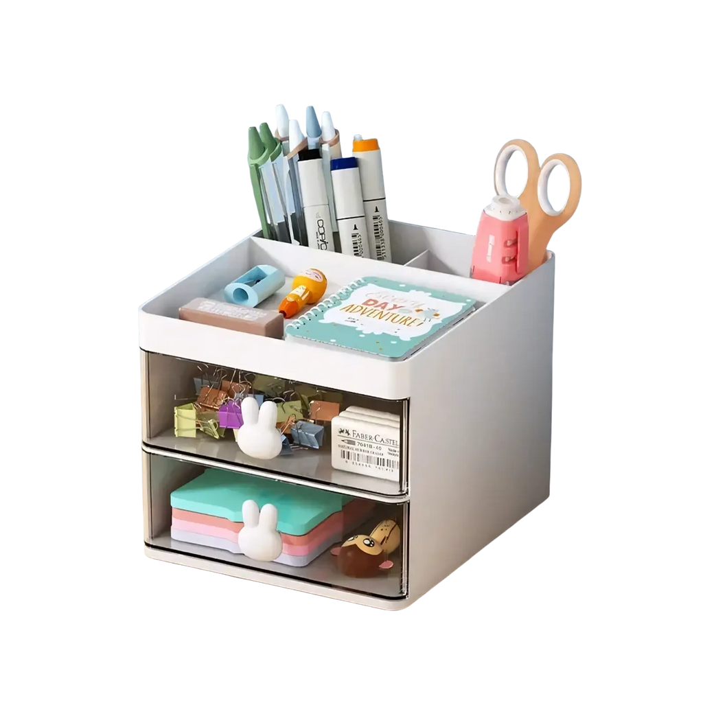 White two-tier desk organizer with clear drawers and bunny-shaped handles for efficient workspace storage