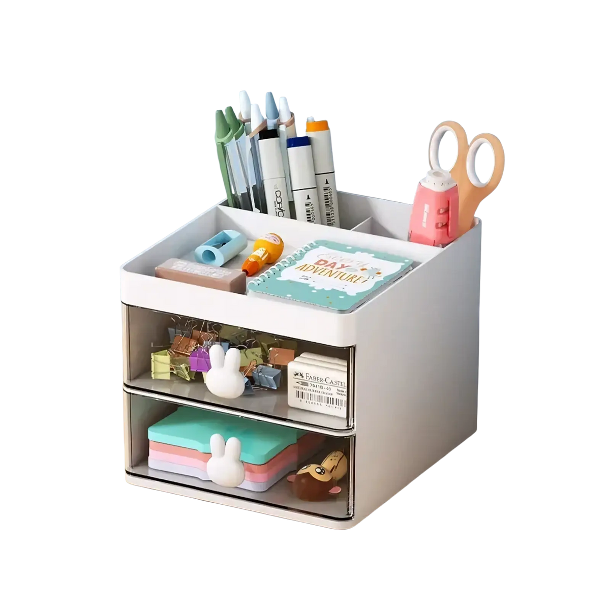 White two-tier desk organizer with clear drawers and bunny-shaped handles for efficient workspace storage