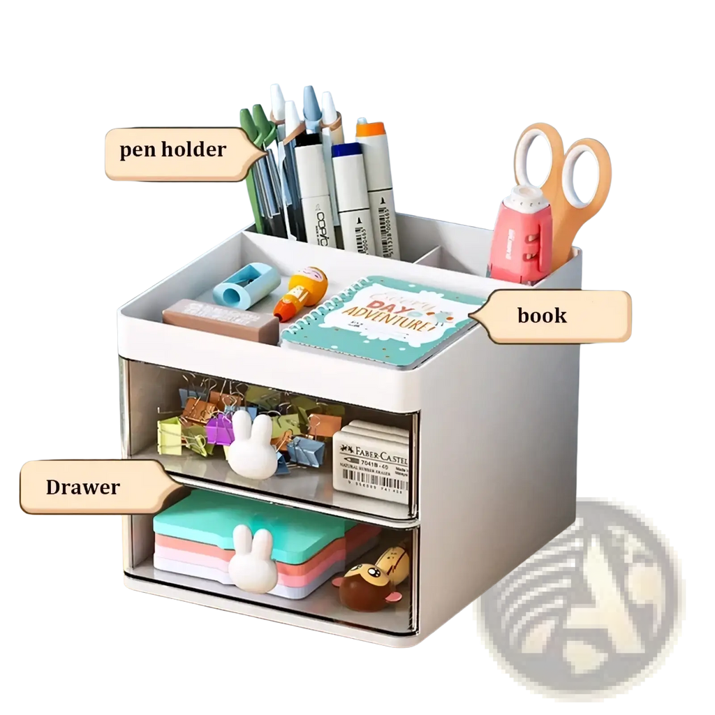 White two-tier desk organizer with clear drawers and bunny handles holding pens scissors book and stationery items