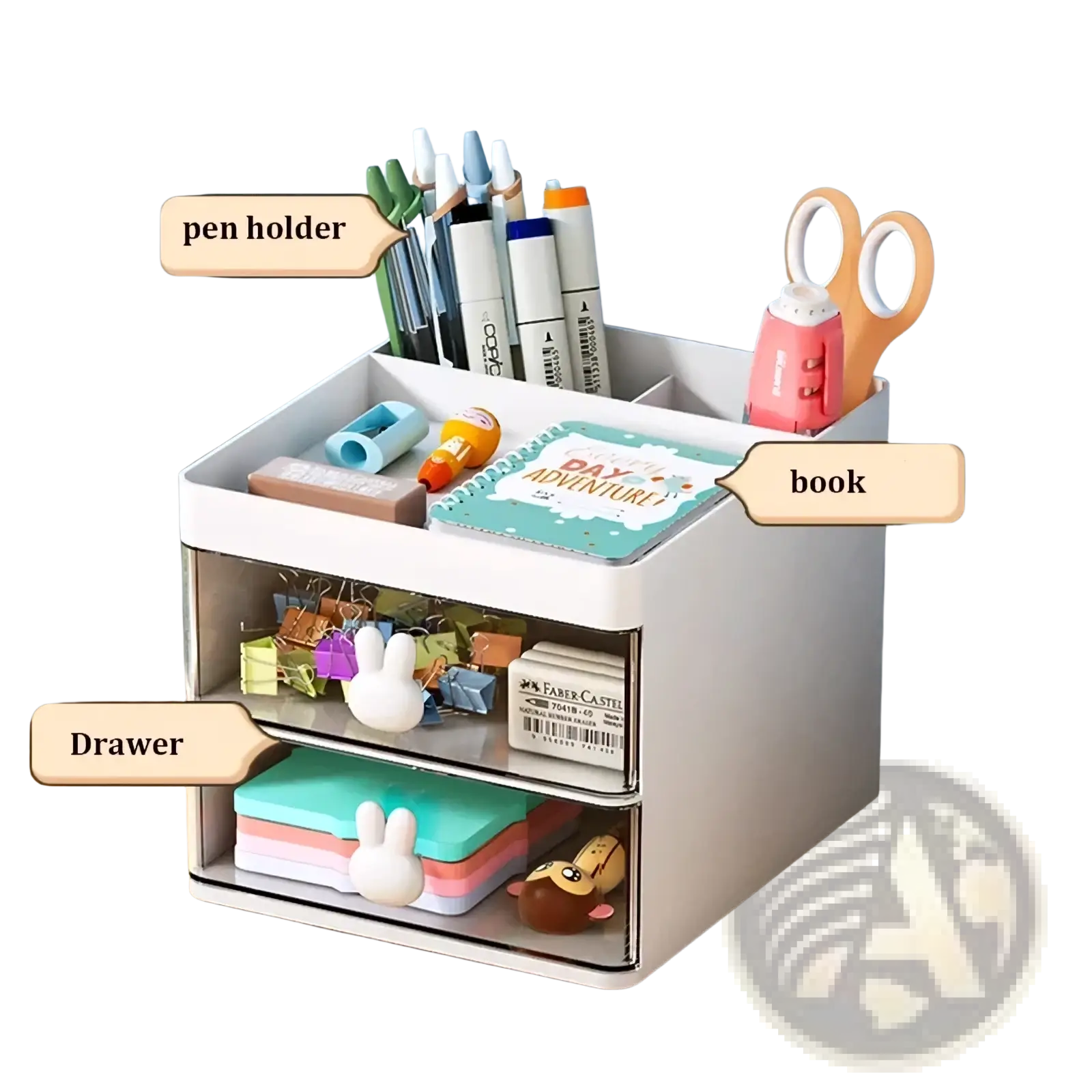 White two-tier desk organizer with clear drawers and bunny handles for pens scissors books and stationery items