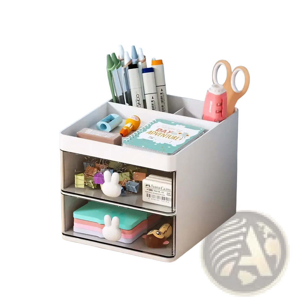 White two-tier desk organizer with clear drawers and bunny-shaped handles for efficient workspace storage