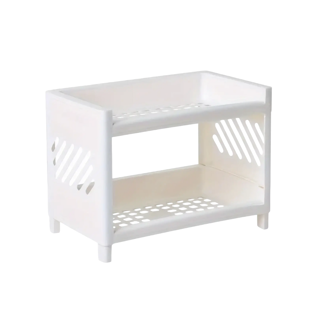 Desk organizer two tier white plastic storage rack with slotted sides and perforated shelves for desktop use