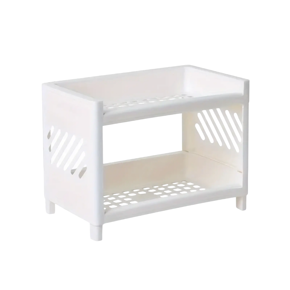 Desk organizer two tier white plastic storage rack with slotted sides and perforated shelves for desktop use