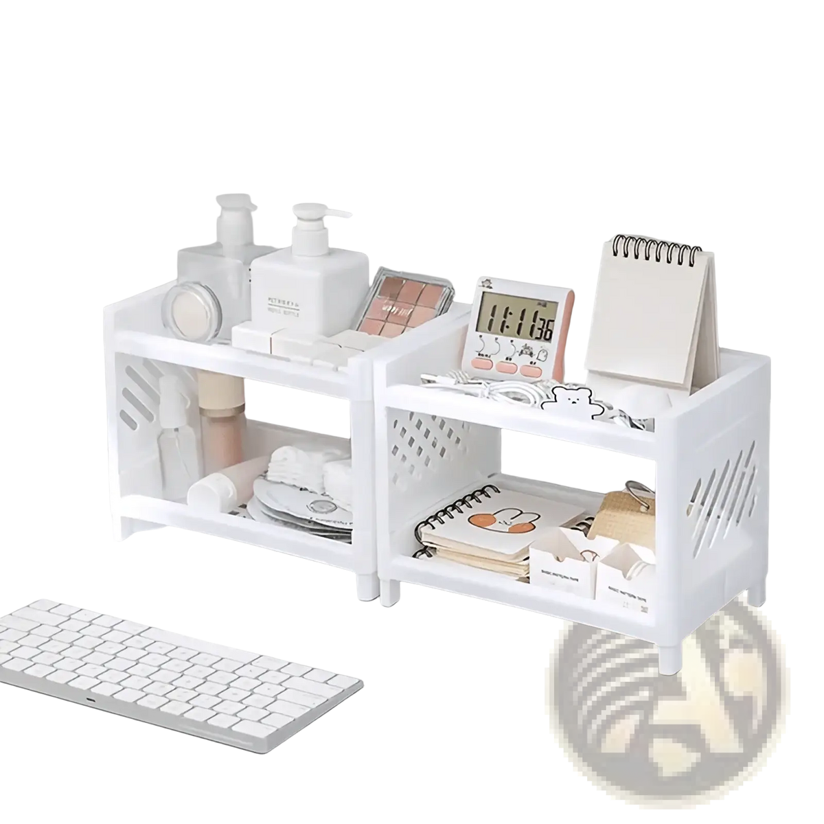 White plastic two-tier desk organizer with perforated side panels and rounded corners for desk storage