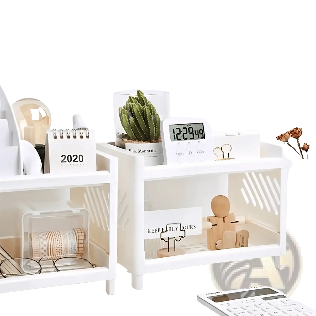 White plastic two tier desk organizer with slanted side panels and open shelves for office storage