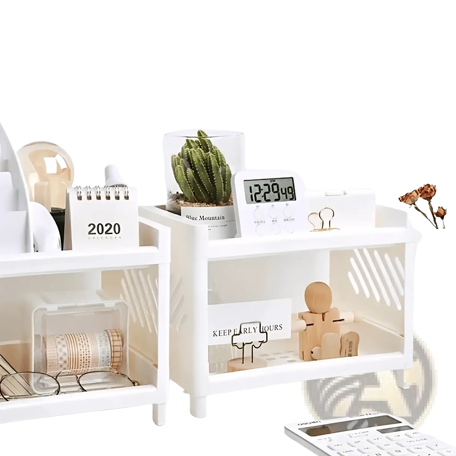 White plastic two tier desk organizer with slanted side panels and open shelves for office storage