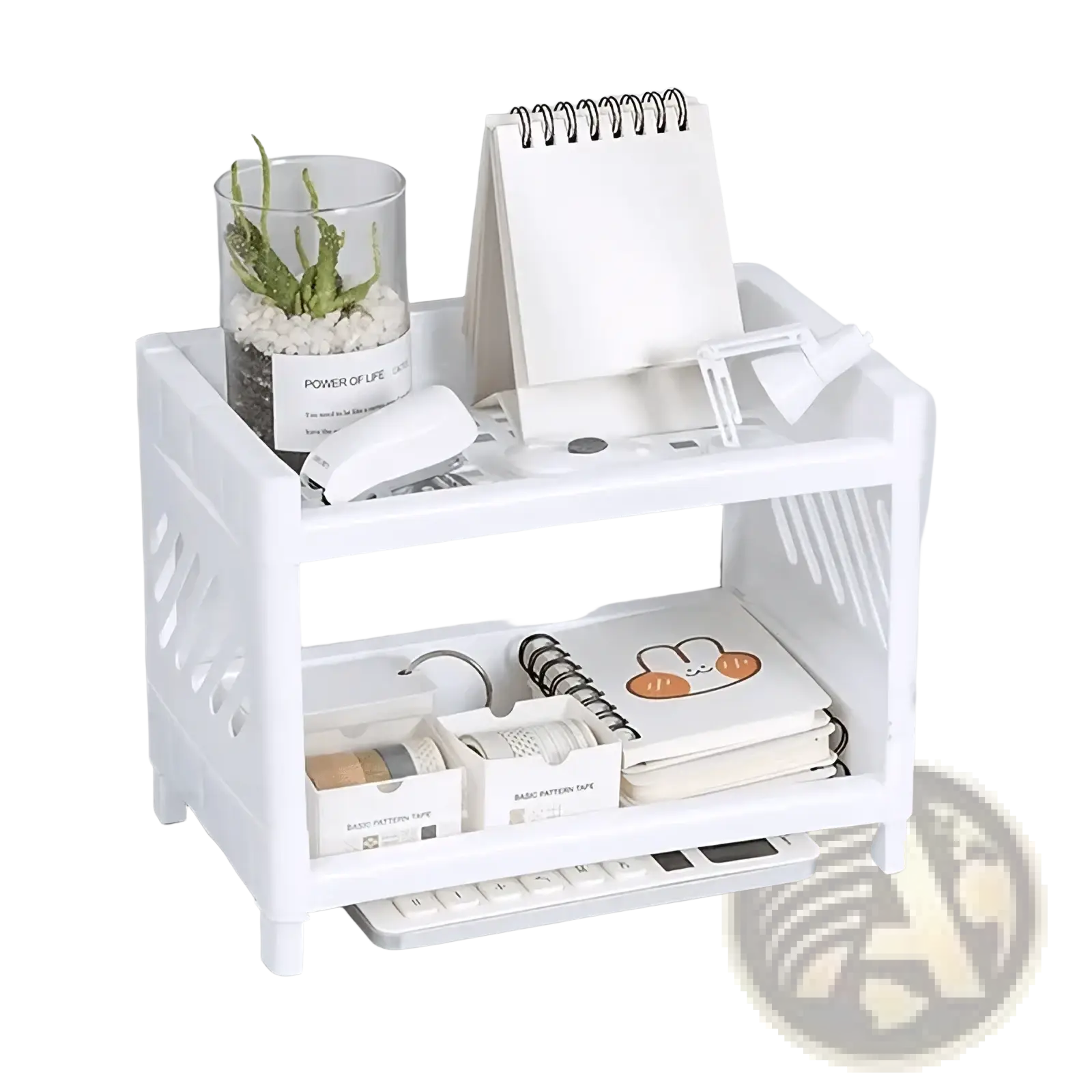 White plastic two-tier desk organizer with cutout side panels and a bottom drawer for office storage