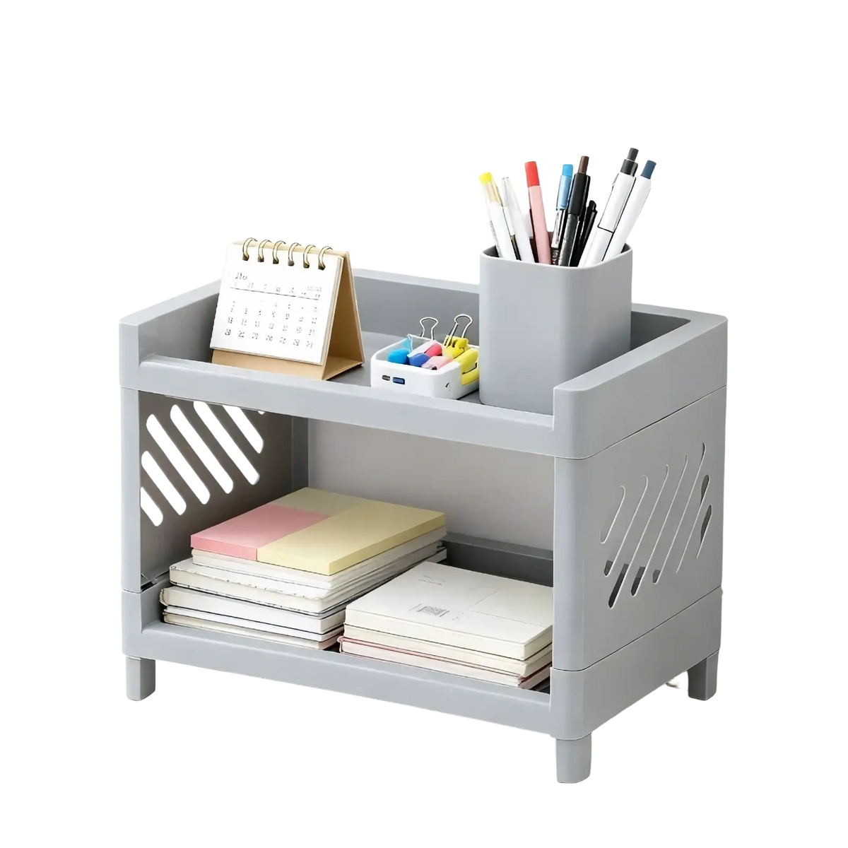 Gray plastic two-tier desk organizer with slanted side panels and ventilation slots for efficient storage