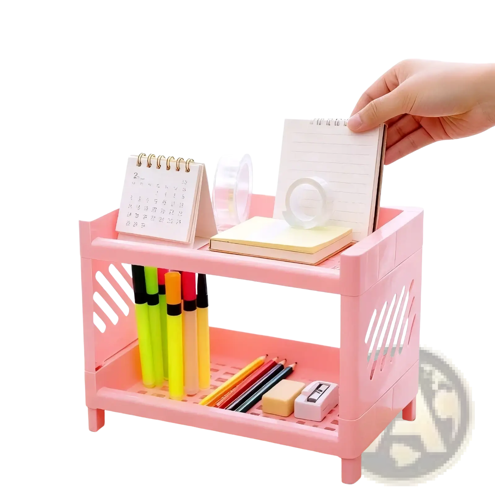 Pink two-tier plastic desk organizer with slotted sides and grid-patterned bottom shelf for efficient storage
