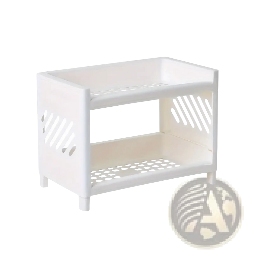Desk organizer two tier white plastic storage rack with slotted sides and perforated shelves for desktop use